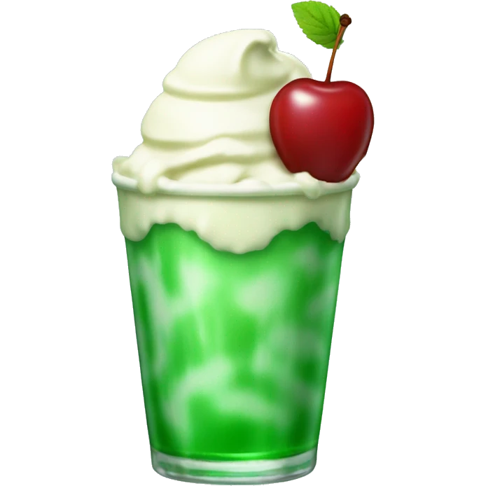Green plain peppermint soda with vanila ice cream top and a cherry emoji