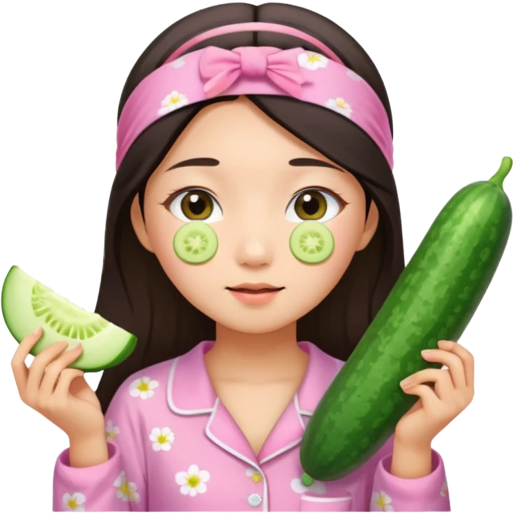 angelic asian girl doing skin care in pink pajamas, with a headband and cucumber slices on her eyes emoji
