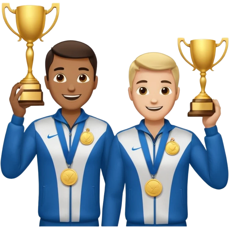 winner ceremony with one guy handing another guy a trophy. One having a medal around his neck emoji