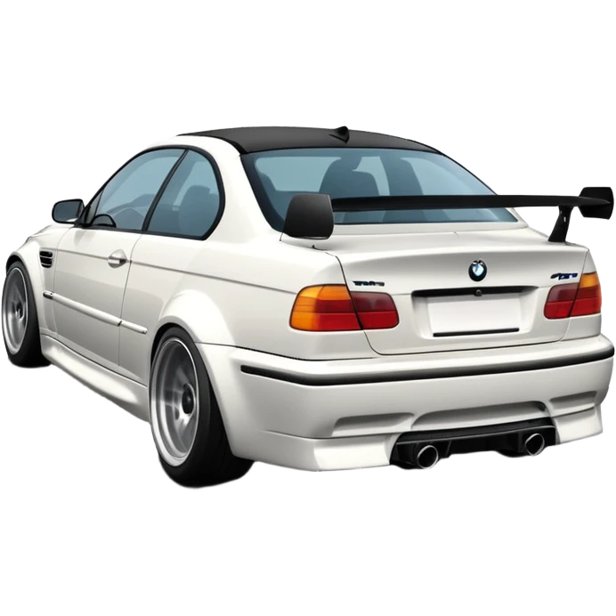 

A white BMW M3 E46, seen from behind at a certain angle, is drifting through a corner; the wheels are not straight, they are changing according to the rotation of the drift. emoji