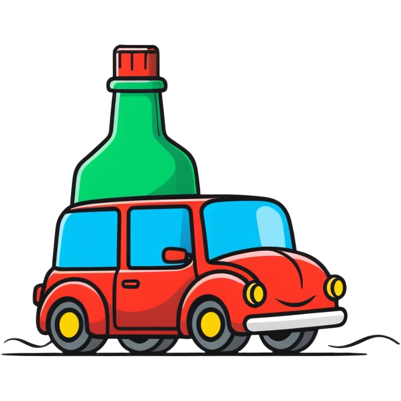 cartoonish icon of a car with wobbly motion lines and a bottle, representing drunk driving emoji