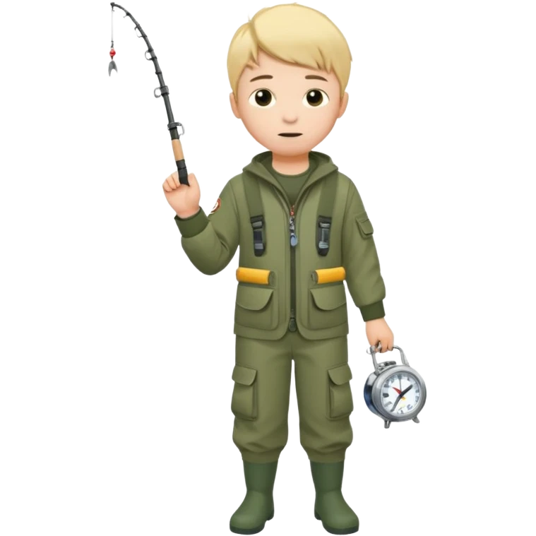 Boy in fishing suit looking at his wristwatch, full body emoji