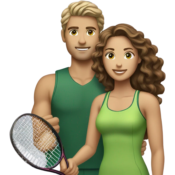 A couple playing tennis. The man is white with straight light brown hair and green eyes. The woman is lighter tan (Latina) with curly dark brown hair and light brown eyes. emoji