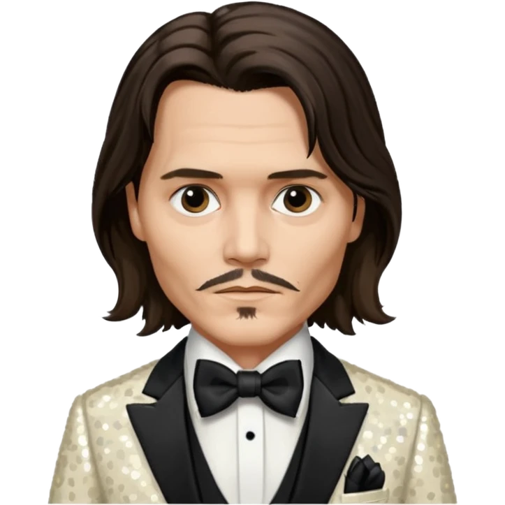 Johnny Depp with long dark brown hair hair, ivory sequin suit with bow tie emoji