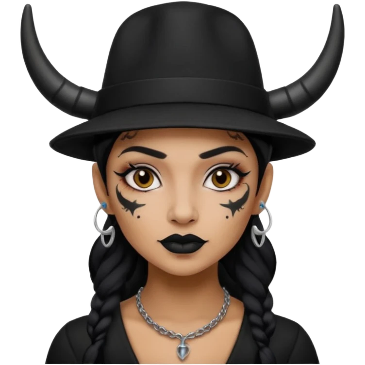Woman with small horns — black hat, face tattoos emoji