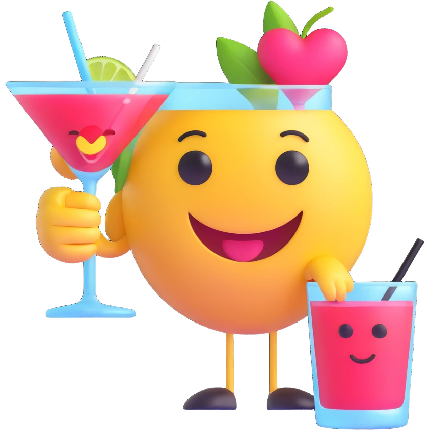 3D smiley emoji, nagy szempillás, koktéllal, szívecskés szemekkel emoji