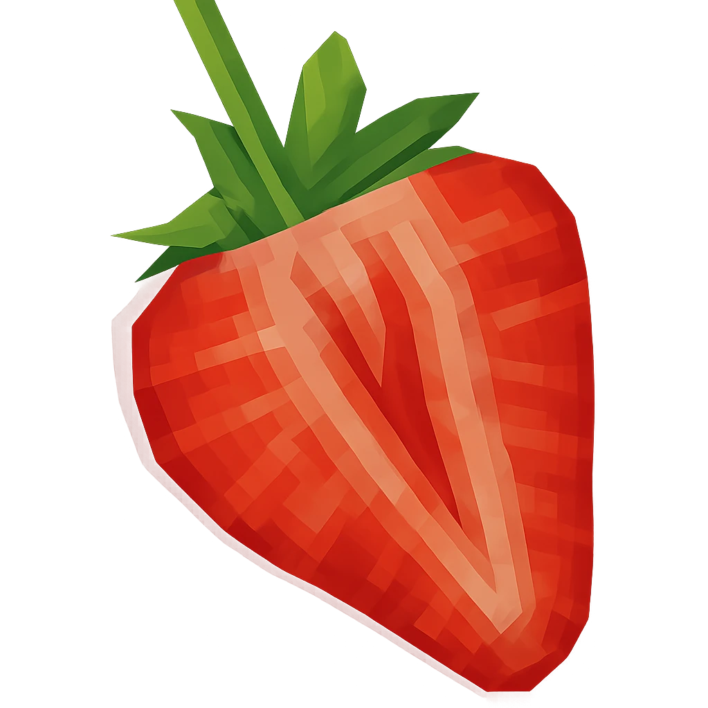 Red strawberry half with green leaves in iOS 3D style: bright colors, soft shadows, glossy highlights, realistic 3D form, smooth gradients, modern look, no background. emoji