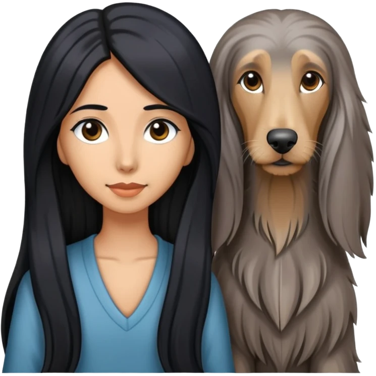 A girl with long black hair walks a gray Afghan hound emoji