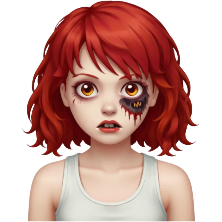 Uma menina de cabelo vermelho com franja, que seja uma zombie, e que esteja vestindo uma regata branca, cabelo médio e liso mais enrolado nas pontas  emoji