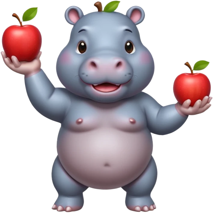 a Circus cute hippo juggling two apple emoji
