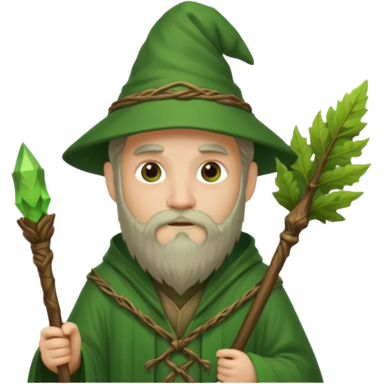 Forest Wizard – green robe, wooden staff, leafy beard emoji