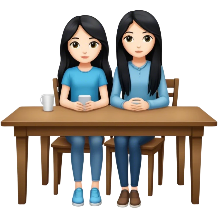 White girl full body sitting at table with black hair emoji