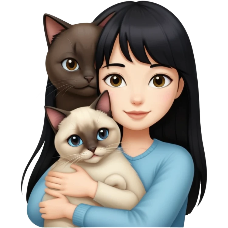 A girl with long black hair and bangs happily hugs a Siamese cat emoji