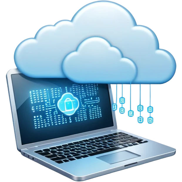 An icon featuring a glowing laptop, cloud network, and flowing binary code, symbolizing information technology. The design includes data servers, a circuit pattern, and digital connections, representing software, networking, and innovation. Transparent background  emoji