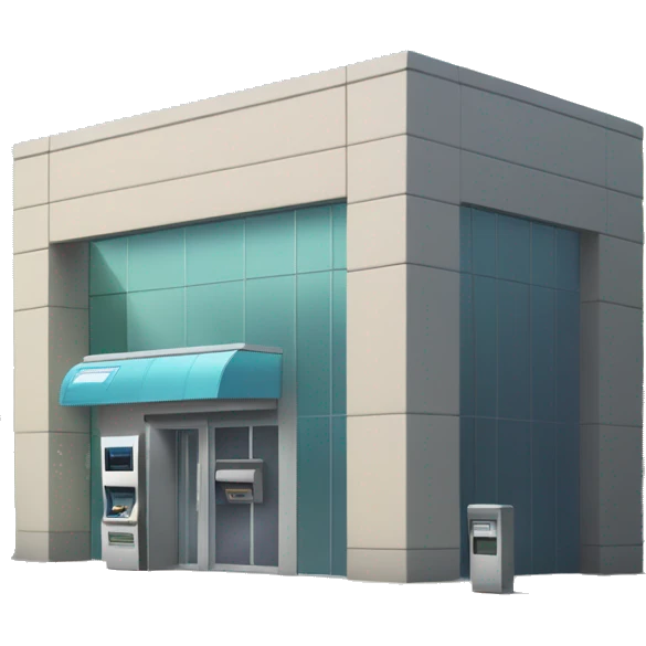 Small bank building with a modern design, glass entrance, and an ATM outside. The scene is set on a quiet street with a few parked cars nearby. emoji