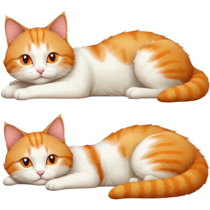 ginger and white cat with orange eyes doing a big extremely long stretch reaching up into the air with arms and legs side by side together straight and overextended whilst lying on its side emoji