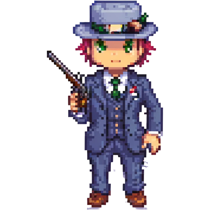 gangster, pixel art, small sprite, pinstripe suit, hat, holding tommy gun emoji