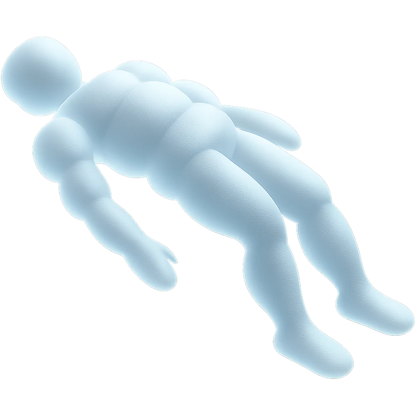 side view of unconscious person flying torso up, legs and arms down, made of small very bright white fluffy convex clouds, matte glass style emoji