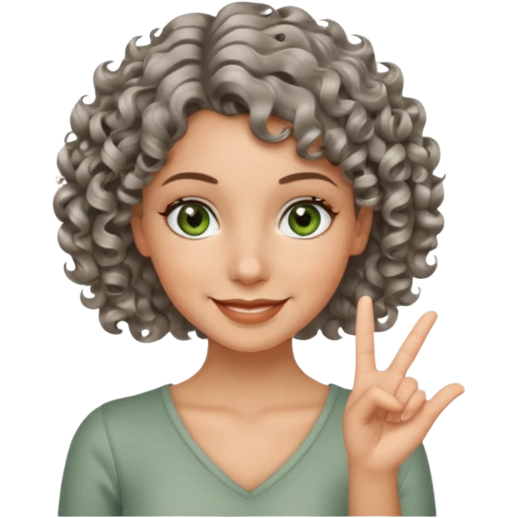 silver, short, wavy-haired with curls, smiling pretty lady, 2 fingers crossed on one hand, green/brown eyes emoji