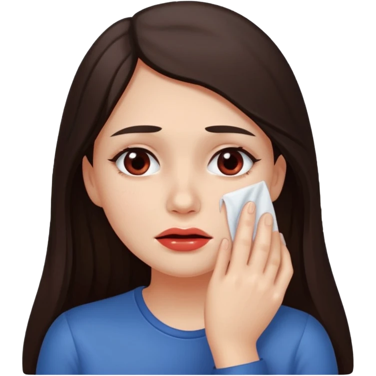 Mujer de pelo cafe oscuro y largo, y tez blanca. Se limpia la cara con una toallita húmeda emoji