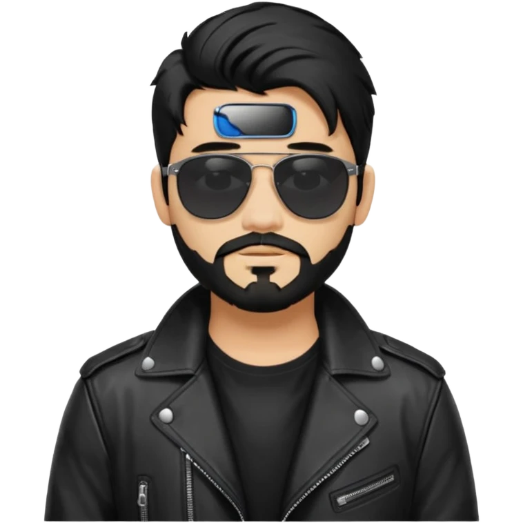 generate an ios genmoji of a 20 year old tan boy with black sunglasses, long black hair till his shoulders. Wearing a leather jacket. Has a dyed blonde beard emoji