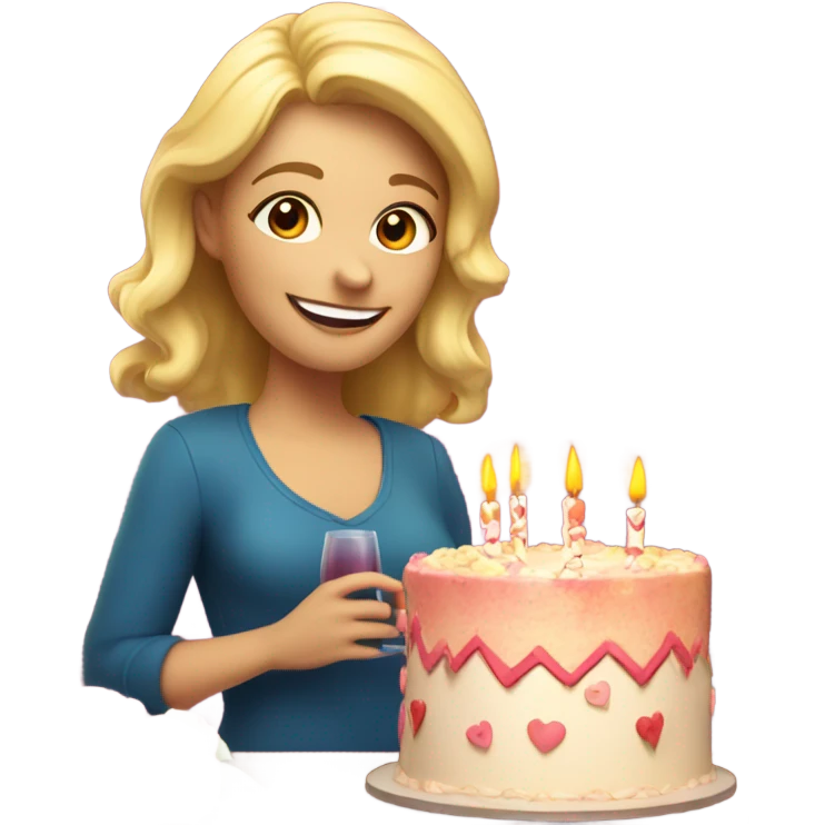 Smiling blonde white lady with giant birthday cake and hearts and flowers and wine emoji