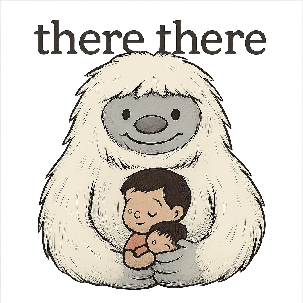 Make the child even smaller and have the Abominable Snowman facing forward, keep the background transparent and preserve the 'there there' text through the head. The style is a transparent background illustration with visible text 'there there' through the head. emoji