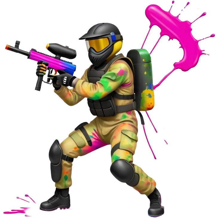 A dynamic scene of a player in action, holding a paintball gun and wearing protective gear. The background shows a vibrant paintball field with obstacles, colorful splatters of paint in the air, and an intense, competitive atmosphere. emoji