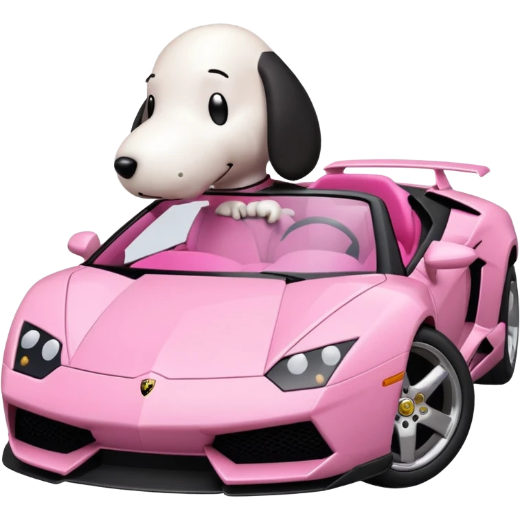Snoopy in a Lamborghini, the Lamborghini is sideways and Snoopy isn't big, the Lamborghini is pink emoji