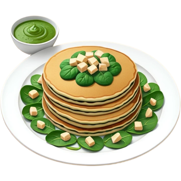 Pancake with cashew, tofu and onion stuffing served with spinach sauce, almond flakes, chives + salad with dressing emoji