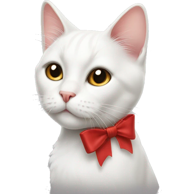 A white cat with black whiskers and a red bow on its right ear emoji
