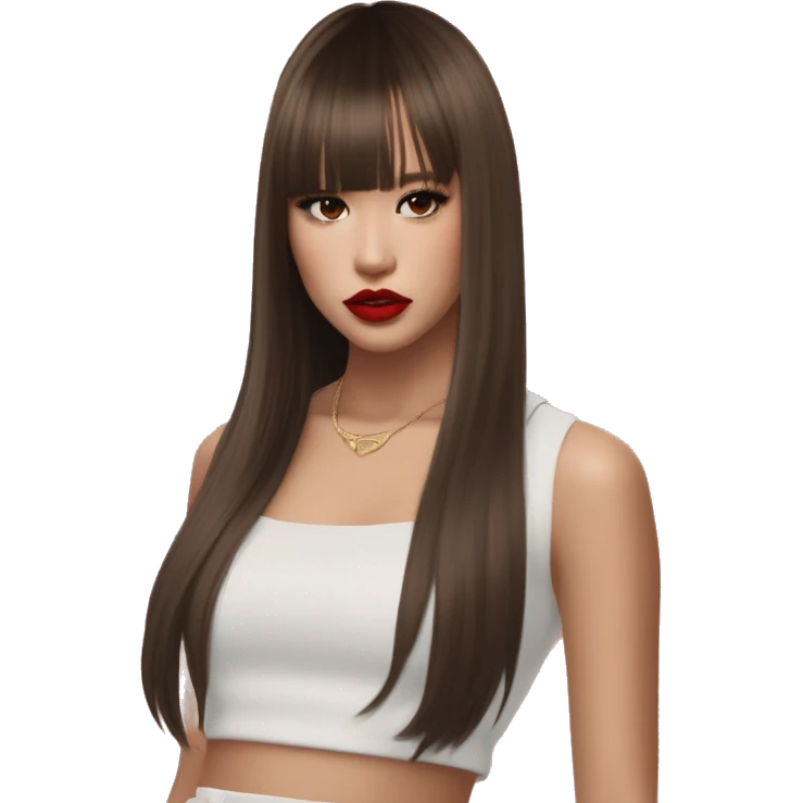 pretty girl with back length hair with curtain bangs styled like Lalisa Style hair during Rockstar MV, brown eyes, red lips, dark chocolate brown hair, hoop earrings emoji