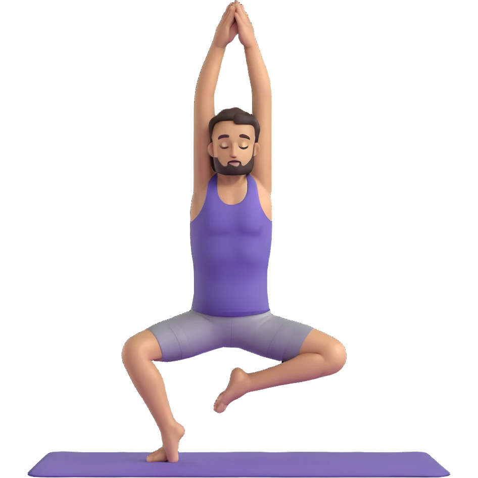 man doing tree pose yoga with one foot against inner thigh, hands in prayer position emoji
