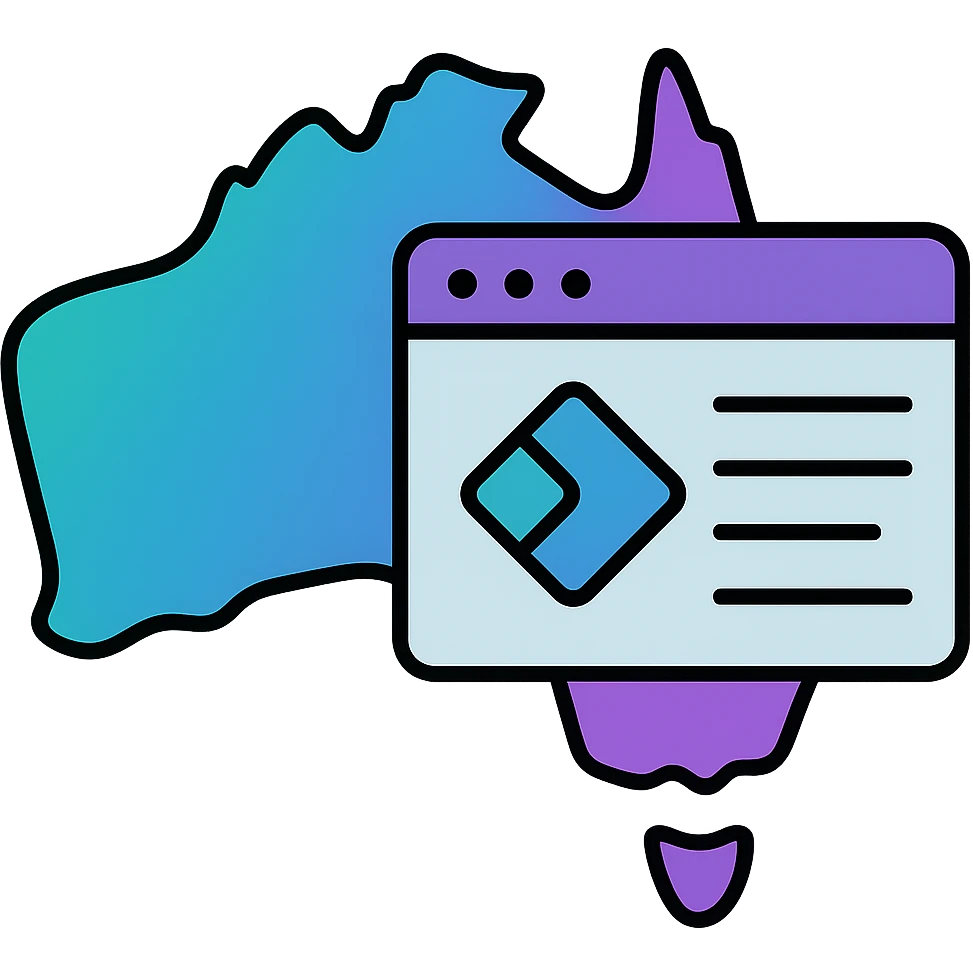 Add Microsoft Power Pages brand colors (blue, purple, teal) to the map of Australia with digital web page overlay, keep the modern and techy look, no text emoji