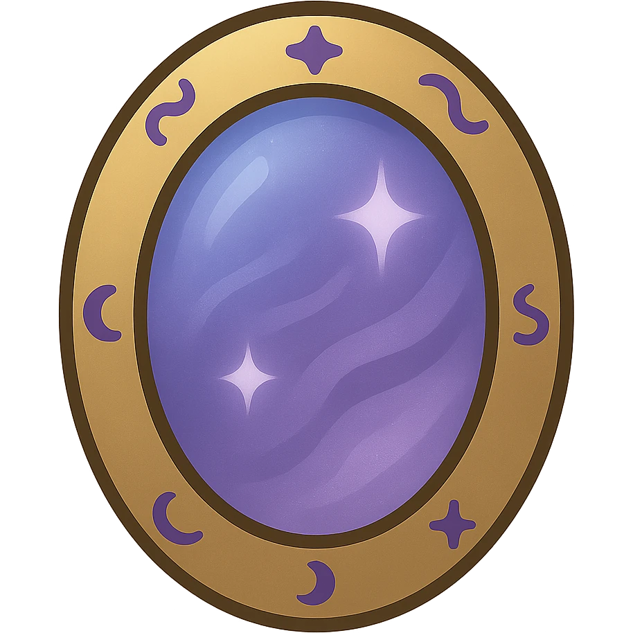 Mirror with mysterious light, reflection slightly shimmering, edges decorated with magical symbols, color filled style with shadows and highlights, transparent background. emoji