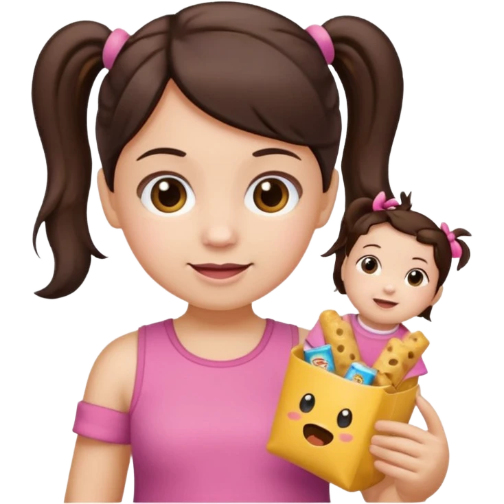 Toddler emoji with two pigtails dark brown hair, fair skin, in pink top, holding toddler snacks emoji