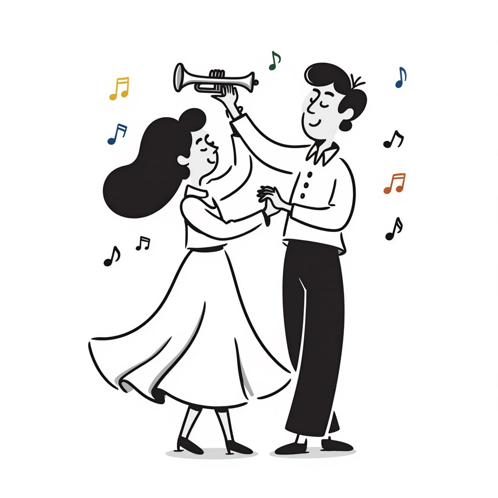 Colombian salsa dancing couple with musical notes, trumpet, and Colombian flag colors emoji
