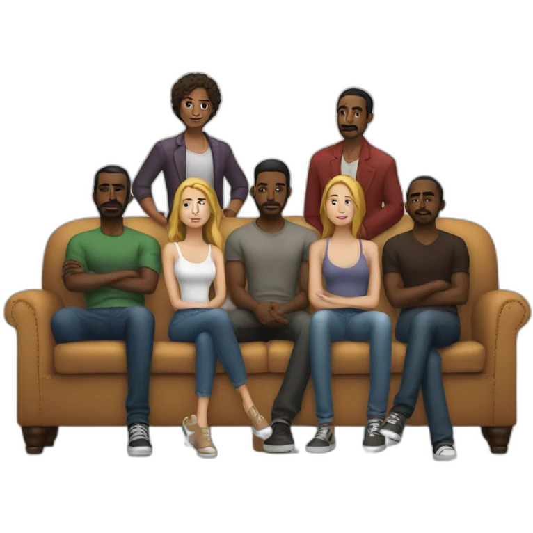 5 afroamerican men standing behind a couch on which a young white woman sits alone emoji
