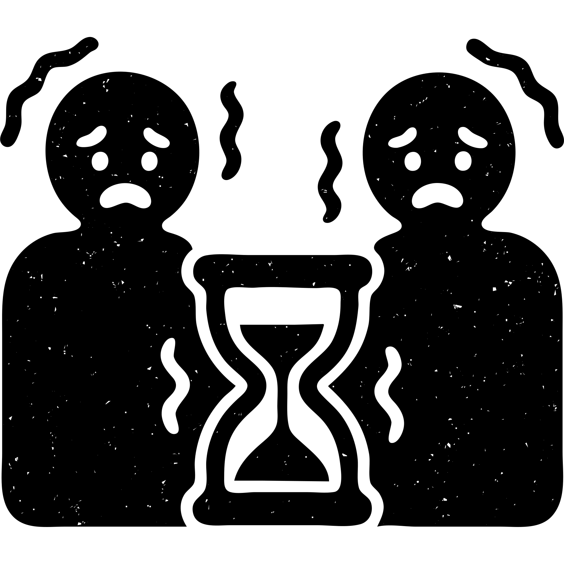 ultra-minimalist solid icon of two abstract figures, trembling clock or hourglass, extremely worn and eroded texture, anxious and stressed expressions, sense of terror emoji