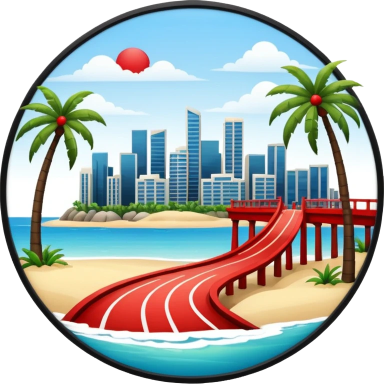 a circle island with modern buildings, a beach with palm trees. also, a red bridge behind.  emoji