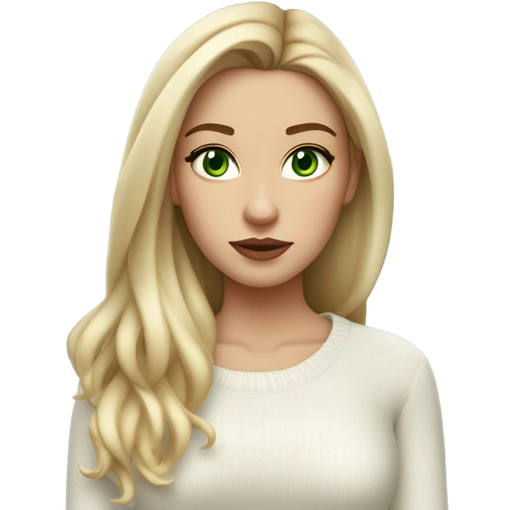 light medium skin, high cheekbone, solo blonde girl with green eyes, medium bust, white sweater, long blow out hair, baddie, middle part, sultry emoji