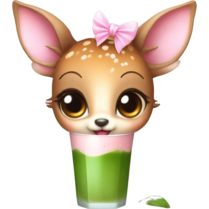 baby deer with fairy wings and a pink bow around its neck drinking iced matcha latte  emoji