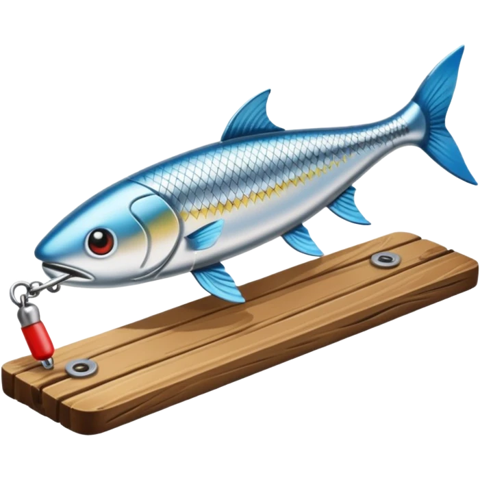 A metal lure set arranged on a wooden plank emoji