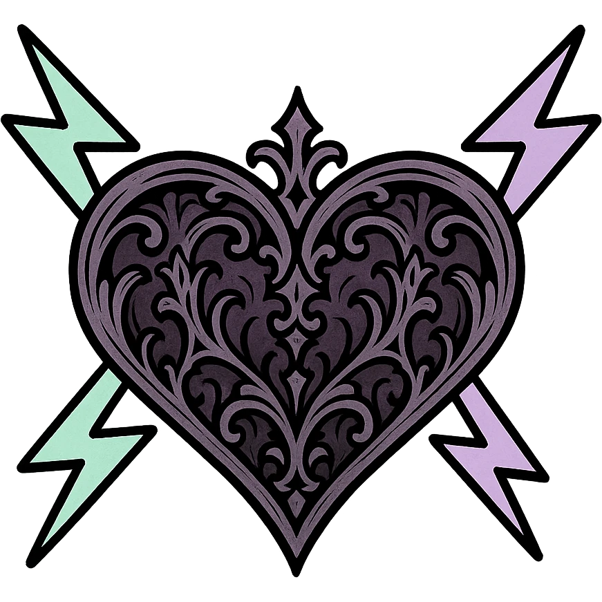 pastel goth heart with pastel lightning bolts, mint green and lavender, gothic style emoji
