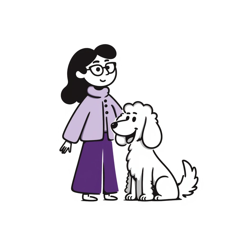 brunette female with glasses in a purple outfit and her large white or cream colored goldendoodle, hand-drawn doodle style emoji