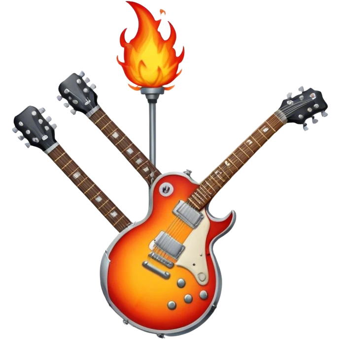 Create a bold and powerful emoji representing rock vocal performance in a humanless collage. The design should feature a vintage microphone at the center, surrounded by a heavy, aggressive hardcore electric guitar with sharp, jagged edges. Include crossed drumsticks behind the guitar, symbolizing the intense rhythm of rock music. Add fiery elements like flames or lightning bolts to enhance the raw energy of the design. Use dark, bold colors like black, red, and silver, with metallic or chrome accents to reflect the rebellious, hard-hitting nature of rock. The background should be transparent. emoji