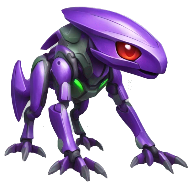 a shiny purple-green-red Genesect-Raptor-Fakémon—hybrid with a futuristic visor-helmet full body emoji