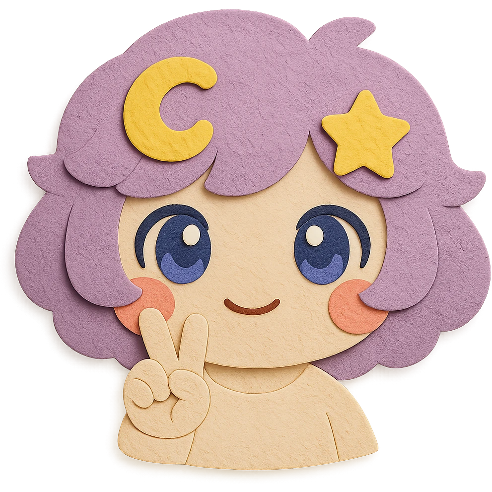 Create a super cute, soft, and adorable paper craft style headshot of Stella Puff (星星噗噗) with the exact same hair color, hair shape, yellow star swirl, and all hairstyle features. The character is making a peace sign with her hand near her face, has big sparkling blue-violet eyes, coral pink blush, and a soft kawaii expression. Use clean lines and transparent background. emoji