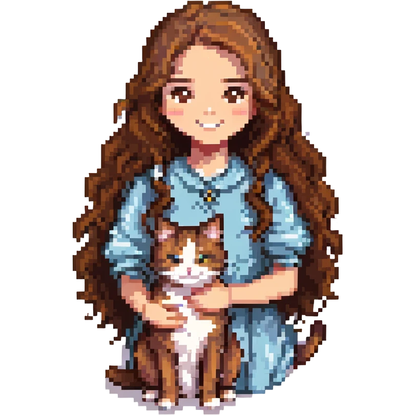 a girl with long wavy brown hair and brown eyes smiling with a cat beside her, pixel art style emoji