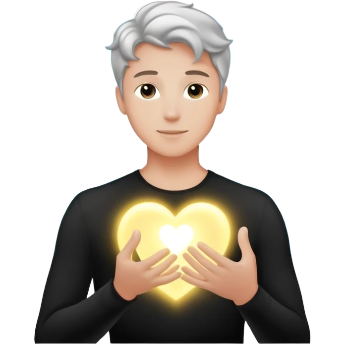 radiant youthful male silhouette with soft flowing light waves, glowing spark at heart, faint ripple of energy at fingertips, minimalist black or silver silhouette with gentle aurora-like glow emoji